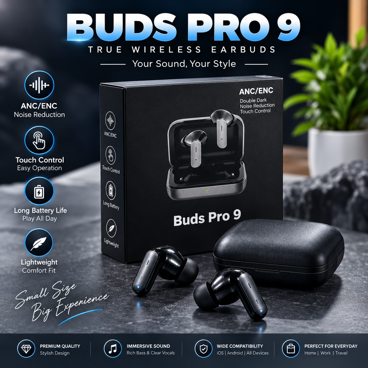Buds Pro 9 – Premium Wireless Earbuds | Powerful Sound, Smart Touch & ANC/ENC
