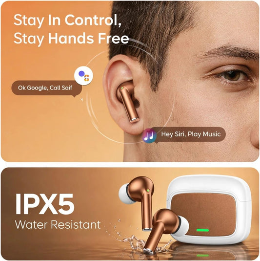 True Wireless Earbuds Bluetooth 5.4 with Quad Mic ENC, Up to 70 Hours Playtime, 13mm Drivers, Low Latency Mode, Touch Controls and Charging Case (Brown)