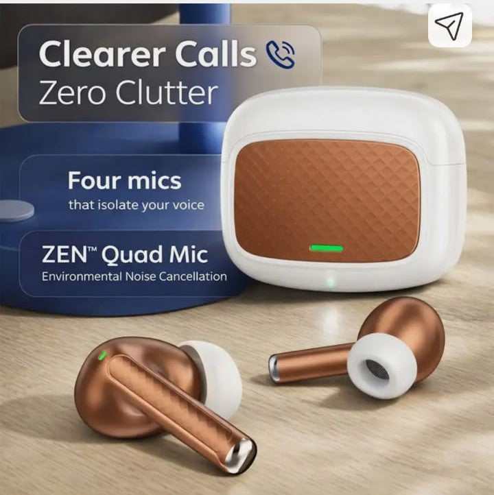 True Wireless Earbuds Bluetooth 5.4 with Quad Mic ENC, Up to 70 Hours Playtime, 13mm Drivers, Low Latency Mode, Touch Controls and Charging Case (Brown)