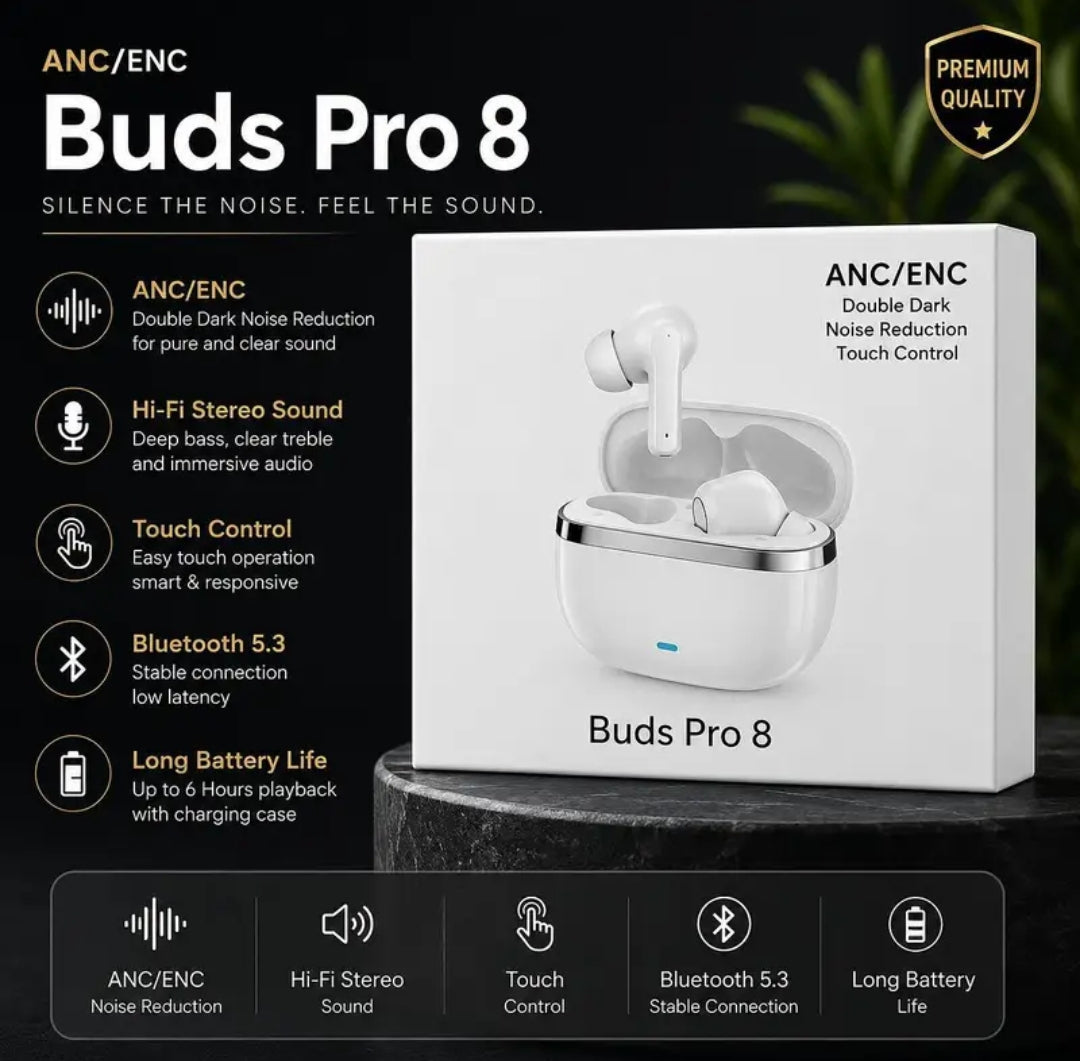 Buds Pro 8 ANC/ENC Wireless Bluetooth Earbuds | Bluetooth 5.3 | Deep Bass HD Sound | Touch Control | Noise Cancelling | Fast Charging | Long Battery | TWS Earphones for Android