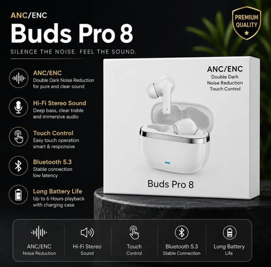 Buds Pro 8 ANC/ENC Wireless Bluetooth Earbuds | Bluetooth 5.3 | Deep Bass HD Sound | Touch Control | Noise Cancelling | Fast Charging | Long Battery | TWS Earphones for Android