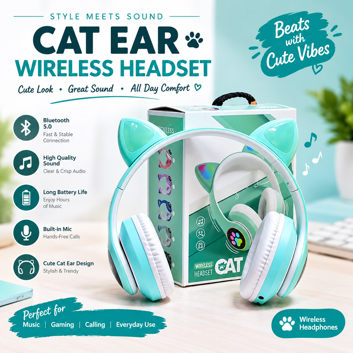 New STN 28 Cat Ear Bluetooth 5.0 Stereo Headset with RGB Lighting, Microphone, TF Card Support, and Universal Compatibility